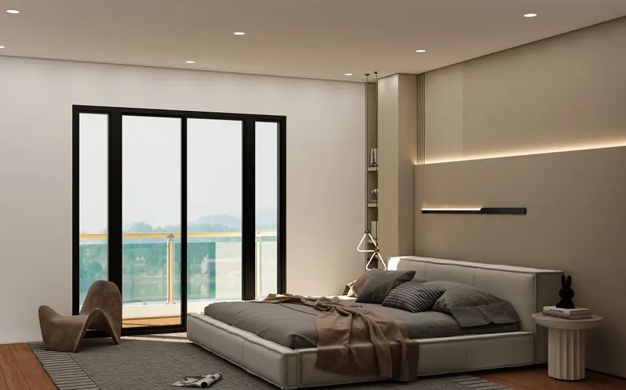3D rendered living room interior with furniture and natural lighting
